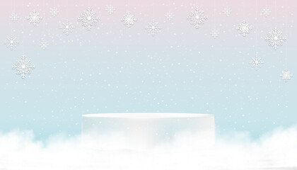 Naklejka na ściany i meble New Year 2023 card,Studio 3D podium on snowflakes hanging on pink and blue sky pastel background,Vector backdrop beautiful and luxury banner for Winter holiday card,Christmas sale season,Discount
