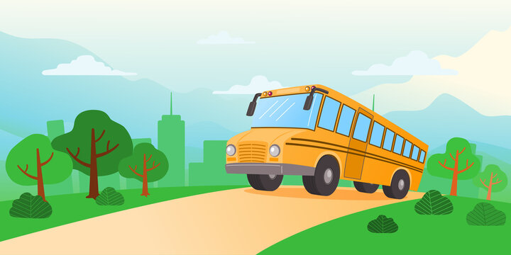 School Bus On The Way To School Scene, Vector, Illustration