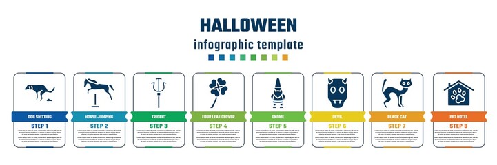 halloween concept infographic design template. included dog shitting, horse jumping, trident, four leaf clover, gnome, devil, black cat, pet hotel icons and 8 steps or options.