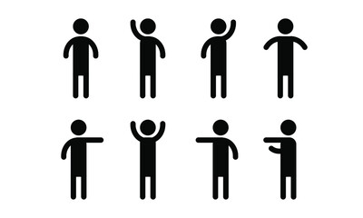 Vector stick shows various signs.Man standing set stick figure man. Vector illustration, pictograms of various human poses on white