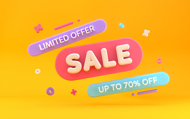 Sale advertisement banner with limited offer sign. Floating text bubbles. Colorful sale concept on bright yellow background. 3d rendering.