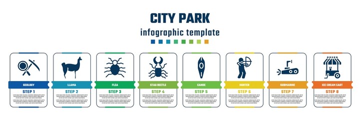 city park concept infographic design template. included geology, llama, flea, stag beetle, canoe, hunter, submarine, ice cream cart icons and 8 steps or options.