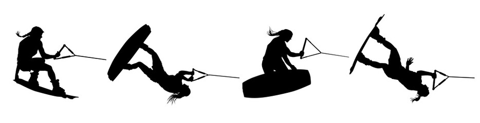 A set of female wakeboarding vector silhouettes of in-air jumps and tricks.