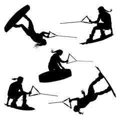 Fototapeta premium A set of female wakeboarding vector silhouettes of in-air jumps and tricks.