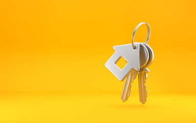 House keys with house shaped keychain, Estate concept, key ring and keys on bright yellow background. 3d rendering