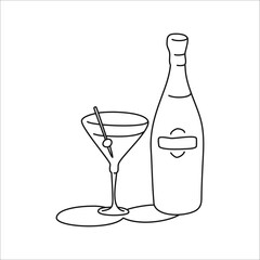 Martini bottle and glass outline icon on white background. Black white cartoon sketch graphic design. Doodle style. Hand drawn image. Party drinks concept. Freehand drawing style