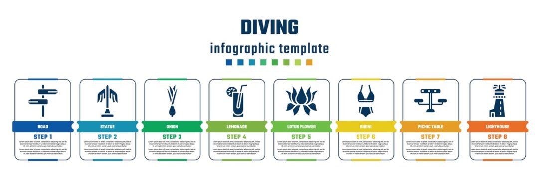 diving concept infographic design template. included road, statue, onion, lemonade, lotus flower, bikini, picnic table, lighthouse icons and 8 steps or options.