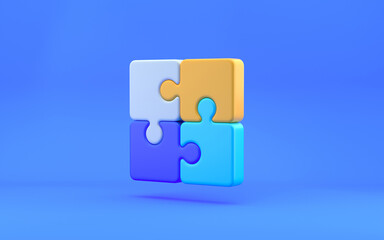 Colorful Jigsaw puzzle pieces on blue background. Problem-solving, business concept. 3d rendering