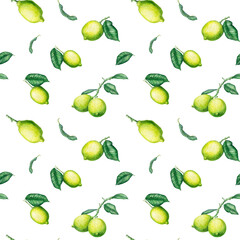 seamless pattern of watercolor images of lemon branches with leaves and fruits on a white background