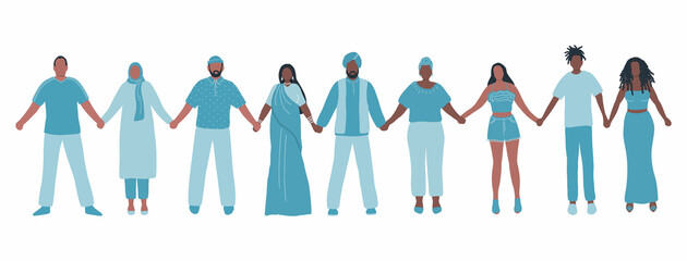 People holding hands. Diverse group of people. Stronger together concept. Solidarity of different men and women. Human silhouettes of different races, different ages. Vector illustration - obrazy, fototapety, plakaty