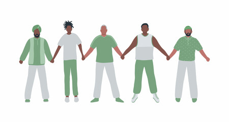 Men holding hands. Diverse group of people. Stronger together concept. Men's community. Male solidarity. Different men silhouettes. Vector illustration.