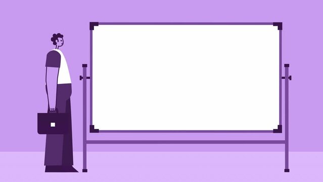 Purple Style Man with Briefcase Flat Character Speaker Near White Board. Isolated Loop Animation with Alpha Channel