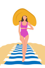 a beautiful, sunny girl in a yellow hat and a pink bathing suit stands on a rug in the sand