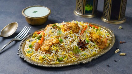 Paneer Butter Masala Biryani with raita served in a dish side view on dark background