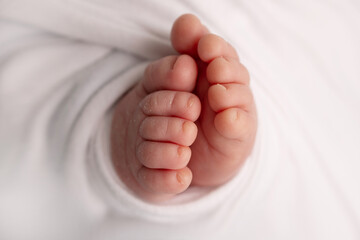 The tiny foot of a newborn. Soft feet of a newborn in a white blanket and on a white background. Close up of toes, heels and feet of a newborn baby. Studio Macro photography. Woman's happiness.