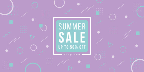 Summer sale banner with geometric forms, lines and dots in trendy memphis style. Invitation for shopping with 50 percent off.