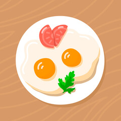 Cooked scrambled eggs with parsley and tomato in a plate on the table. Tasty breakfast. Healthy food. Protein chicken product. Flat vector illustration