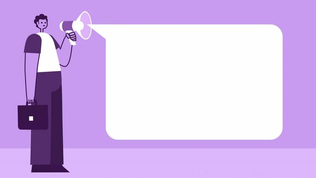 Purple Style Man with Briefcase Flat Character Speaking into Loudspeaker with Speech Bubble. Isolated Animation with Alpha Channel