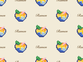 Ramen cartoon character seamless pattern on yellow background. Pixel style