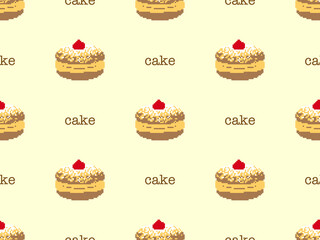 Cake cartoon character seamless pattern on yellow background. Pixel style