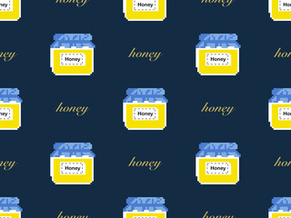Honey cartoon character seamless pattern on blue background. Pixel style