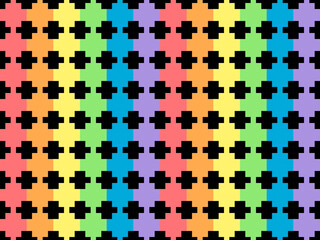 Geometric rainbow cartoon character seamless pattern on black background. Pixel style