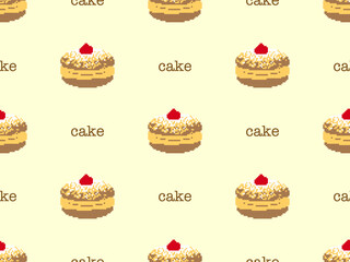 Cake cartoon character seamless pattern on yellow background. Pixel style
