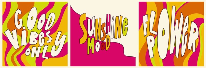 Daisy Flowers, Trippy groovy poster set for print design quote. Psychedelic hippy groovy print. Template poster vector illustration. Abstract vector pattern. Wavy Swirl, checkerboard, btight color