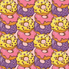 Seamless pattern with hand drawn pink, purple and yellow donuts on light pink background
