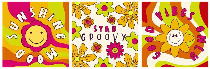 Daisy Flowers, Trippy groovy poster set for print design quote. Psychedelic hippy groovy print. Template poster vector illustration. Abstract vector pattern. Wavy Swirl, checkerboard, btight color
