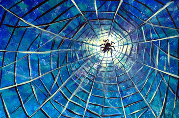 Fantasy art comics iilustration big spider on the web Hand drawing watercolor on canvas. Artistic...