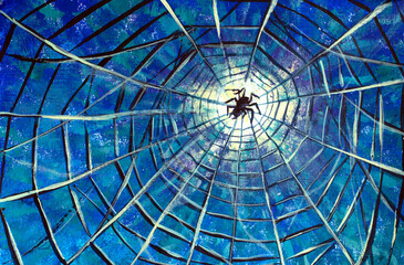 Fantasy art comics iilustration big spider on the web Hand drawing watercolor on canvas. Artistic print. Original modern painting. Acrylic dry brush background.