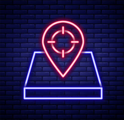 Glowing neon line Hunt place icon isolated on brick wall background. Navigation, pointer, location, map, gps, direction, place, compass, contact, search. Colorful outline concept. Vector