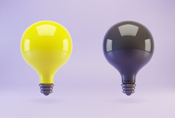 Set of yellow and black light bulbs 3d icon. Symbol of creative ideas and inspiration.