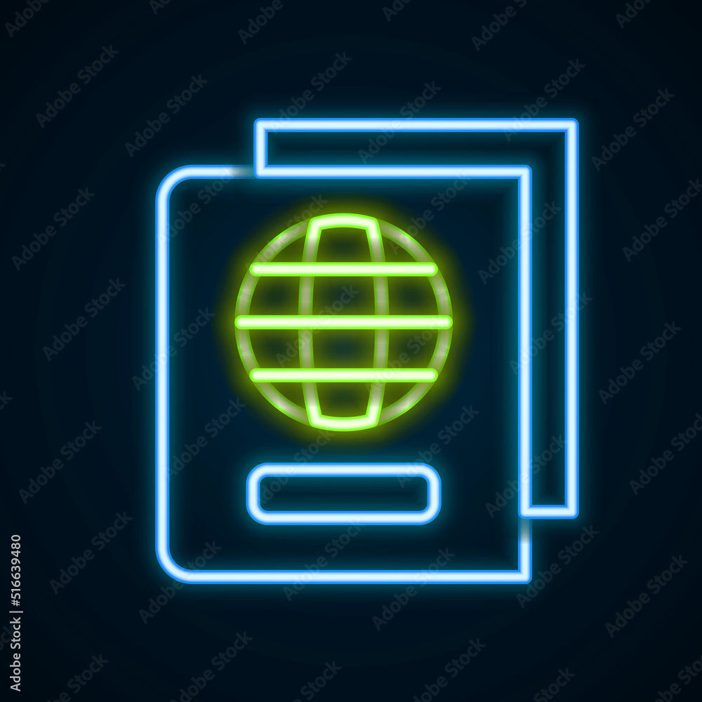 Poster glowing neon line passport with biometric data icon isolated on black background. identification doc