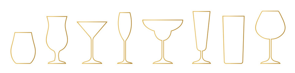 set of golden line icons of different coctail,  juice, wine glasses - vector illustration