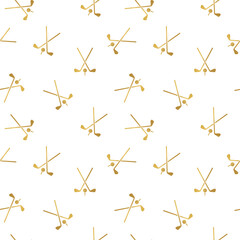 golden seamless pattern of crossed golf clubs and ball on tee, great for wrapping, textile, wallpaper, greeting card- vector illustration