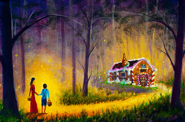 Painting Hansel and Gretel find in dark forest candy house. Classic children fairy tale illustration.