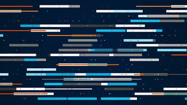 Horizontal, parallel graphic lines moving from side to side on a dark blue background. Motion. Randomly sliding segments.