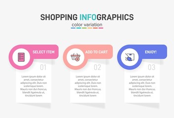 Concept of shopping process with 3 successive steps. Three colorful graphic elements. Timeline design for brochure, presentation, web site. Infographic design layout.