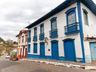 Diverse urban scenes. Colorful old houses on cobblestone streets in the historic town of Sabará.