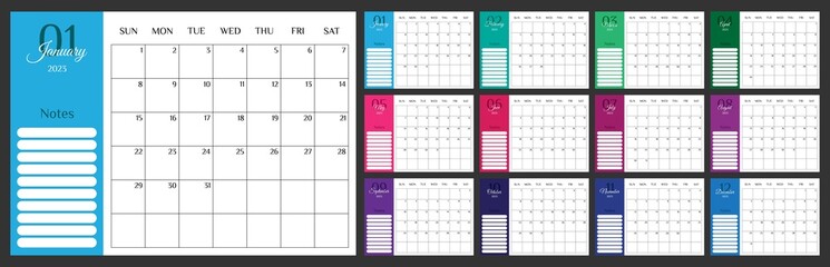 Calendar 2023 template planner. Colorful planner 2023 with calendar. Vector illustration. Blank white notebook page A4. Printable template. Week Starts on Sunday