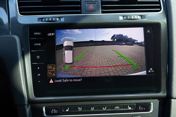 Rear View Monitor for car reverse system. Car display and rear view camera. Parking assistant...