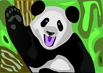 Illustration of a panda sitting in the rainforest with his paw up