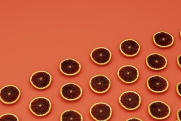 DIagonal placed graipfrut slices on orange background, fruity background concept, 3d rendering