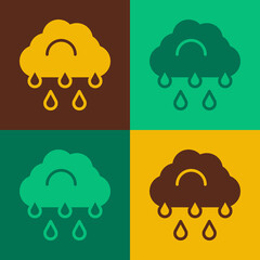 Pop art Cloud with rain icon isolated on color background. Rain cloud precipitation with rain drops. Vector