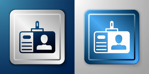 Fototapeta premium White Identification badge icon isolated on blue and grey background. It can be used for presentation, identity of the company, advertising. Silver and blue square button. Vector