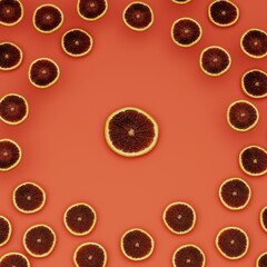 Red orange slices on orange surface, surrounding fruits, 3d rendering