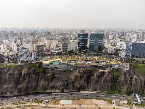 Aerial View of Larco Mar and Miraflores in Lima, from a drone in Peru