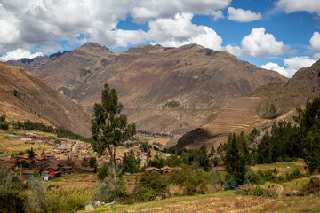 Crop fields in Pisac seen from above in the Sacred Valley in Cusco, Peru - obrazy, fototapety, plakaty